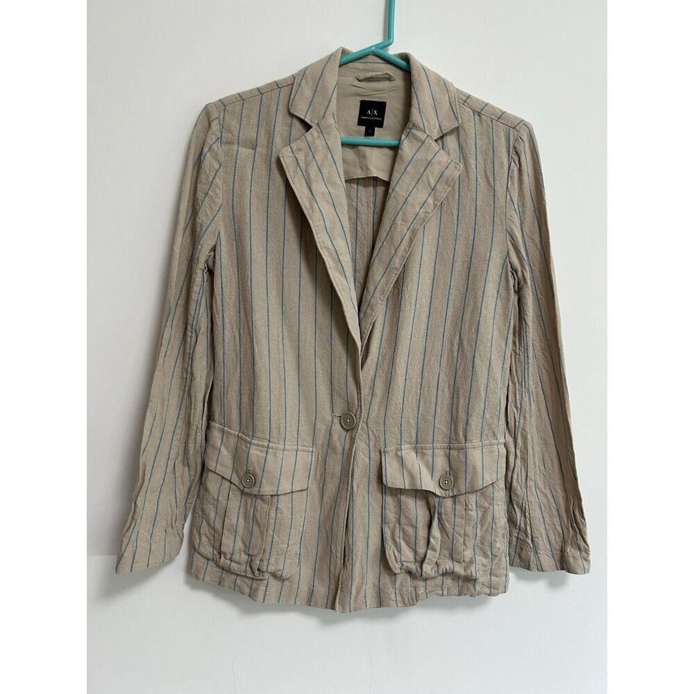 Armani Exchange Linen Blazer Women's Tan Blue Pinstripe Size 2 Career Jacket